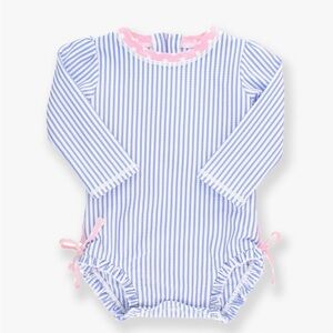 Ruffle Butts, Seersucker Long Sleeve Rash Guard One Piece, Periwinkle Blue, 2T